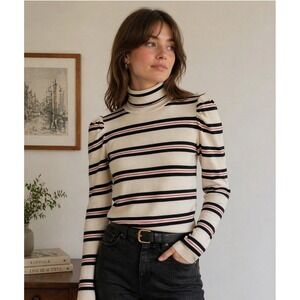 Veronica Beard Cedar Blue and Red Striped Puff Sleeve Turtleneck Top Size M